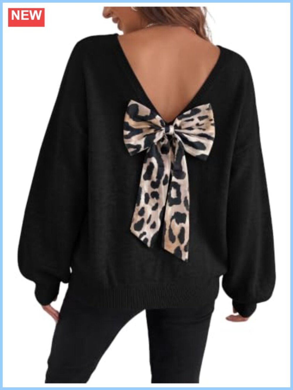 Womens Back Bow Sweater Crewneck Long Sleeve Leopard Print Oversized Pullover